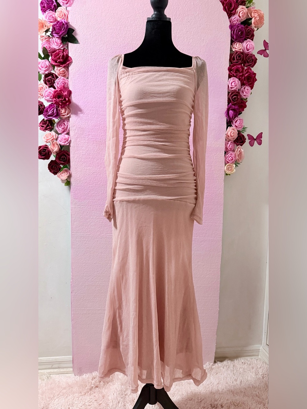 Ruched Long Sleeve Square Neck Maxi Dress in Blush Pink